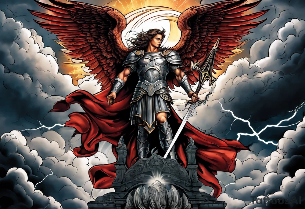 Michael the Archangel standing over the devil.  Clouds and lightning in background. tattoo idea