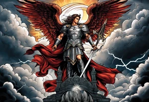 Michael the Archangel standing over the devil.  Clouds and lightning in background. tattoo idea