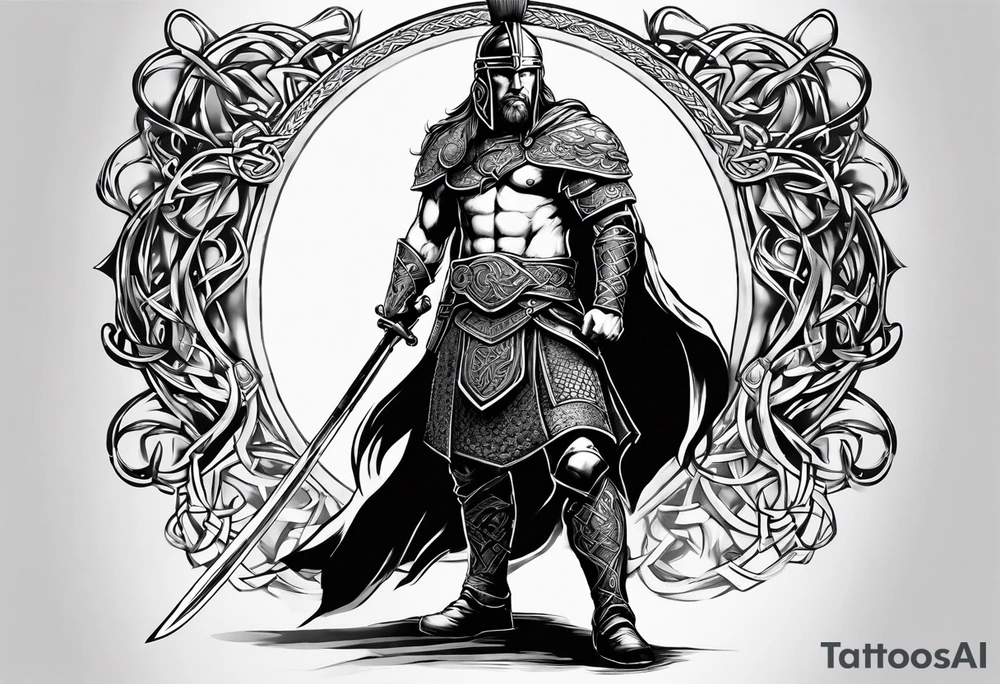 Full body shot Celtic warrior facing left with sword drawn. tattoo idea
