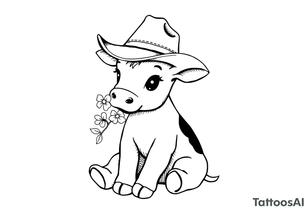 cute black and white baby cow sitting wearing a cowboy hat with a flower in mouth tattoo idea