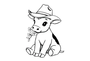 cute black and white baby cow sitting wearing a cowboy hat with a flower in mouth tattoo idea