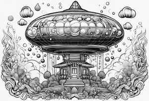 thinner rocketship with a psychedelic mushroom top with fire coming out the bottom bursting out of bubble as the bubble pops tattoo idea