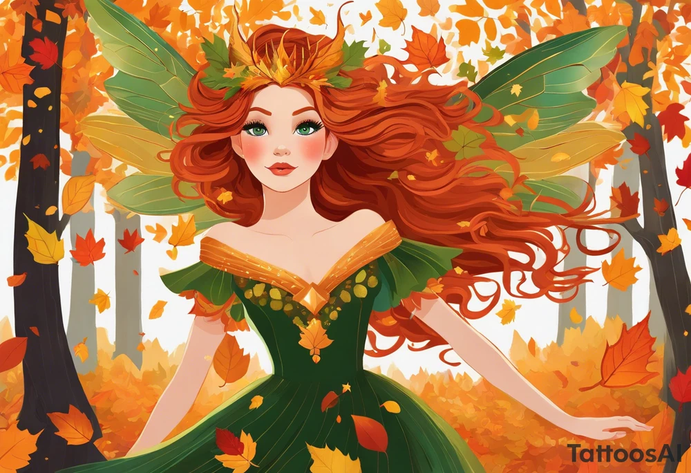 A winged fairy in the middle of a forest during the peak of autumn, twirling in a whirlwind of autumn leaves. The fairy's hair is auburn with copper colors and a crown of gold, orange, and red leaves adorning her head. Her eyes are emerald green with gold flecks, ruby lips and pale skin. Her dress a coppery orange, with leaves scattered on it. The fairly is swirling in a pile of leaves with arms raised overhead, looking at the sky. tattoo idea