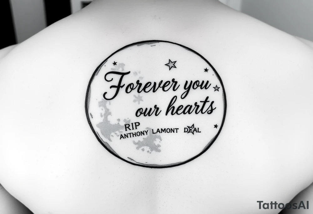 Big half moon with writing inside saying Forever in our hearts  with stars 
RIP 
ANTHONY LAMONT DEAL tattoo idea