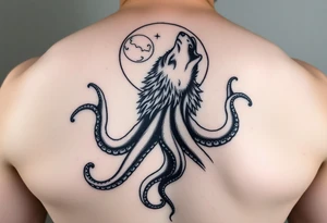 An powerful and surreal wolf octopus howling at the moon tattoo idea