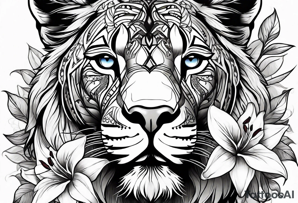 Tribal Lioness with lilies all over tattoo idea