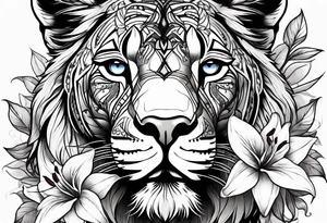 Tribal Lioness with lilies all over tattoo idea