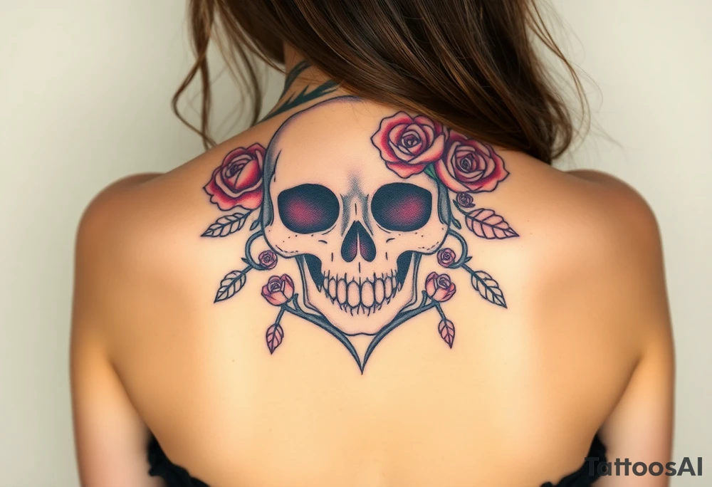 ornate skull adorned with crown of wild roses and thorns tattoo idea