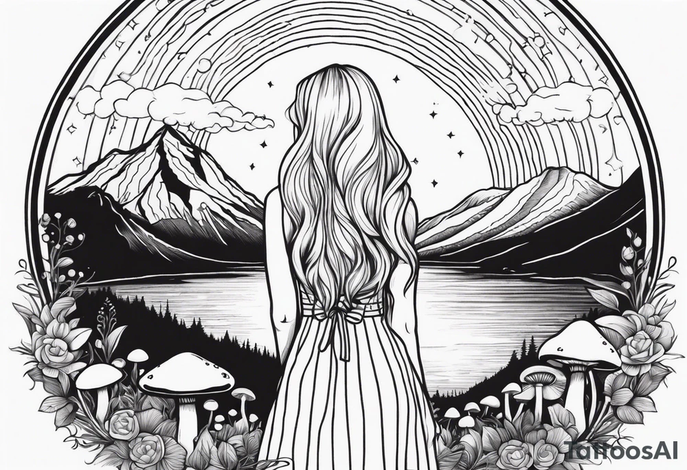 Straight blonde hair girl facing away toward mountains surrounded by mushrooms crescent moon mandala circular design black and white striped dress tattoo idea