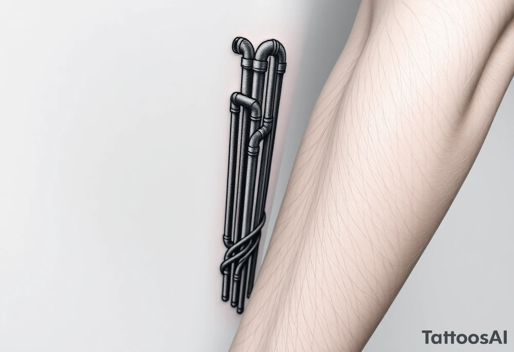 vertical column made of 
system of 100 thin curved plumbing pipes that form veins tattoo idea