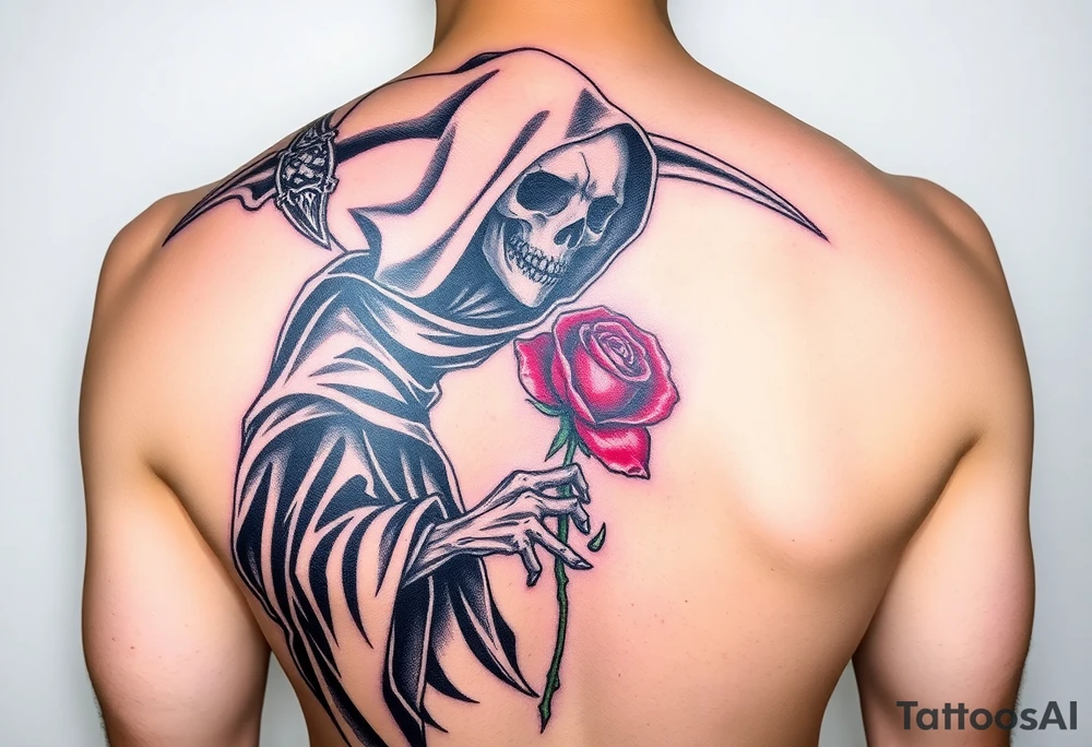 A grim reaper holding a rose, with a flowing black cloak and silver detailing, signifying love's defiance against time and mortality tattoo idea