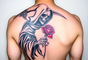 A grim reaper holding a rose, with a flowing black cloak and silver detailing, signifying love's defiance against time and mortality tattoo idea