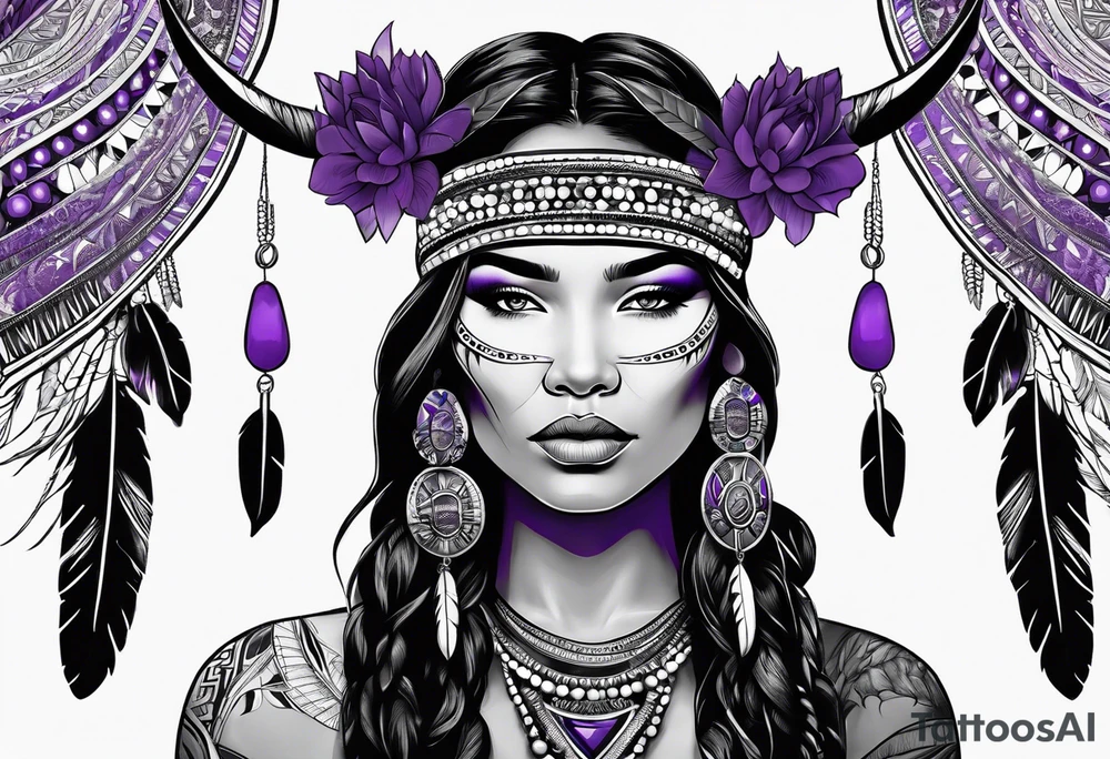 native american woman wearing bead headband with magical purple buffalo tattoo idea