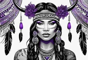 native american woman wearing bead headband with magical purple buffalo tattoo idea