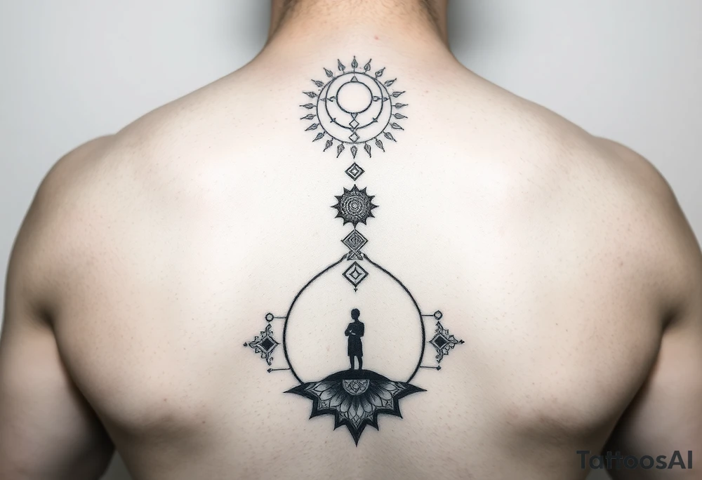 Mirror with gradient reflection, small figure at bottom naturally growing taller toward top, like time-lapse of growth, geometric sacred patterns flowing upward with the transformation, no break just natural progression, represents continuous evolution, black and grey tattoo design tattoo idea