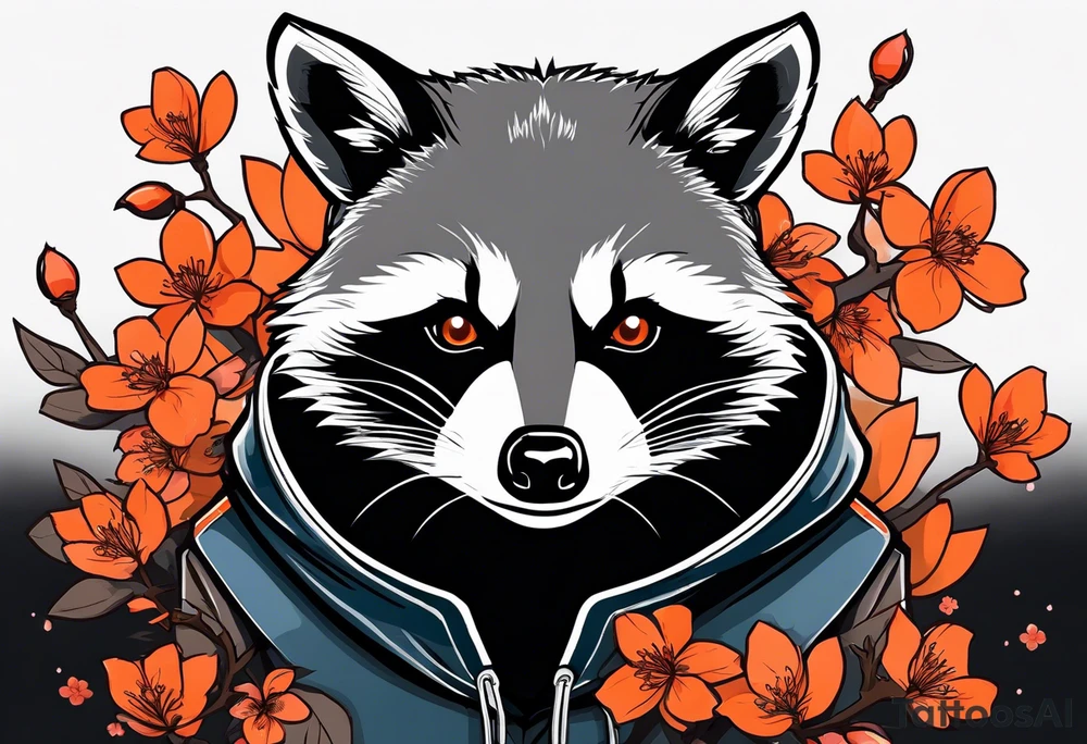Raccoon wearing a white Superman logo on a black hoodie and orange Japanese cherry blossoms beside tattoo idea