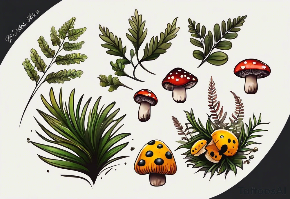 minimalistic forest floor inspired tattoo, which includes grass, moss, curly ferns and dead leaves as the bulk of the tattoo. details to include: forest berries, couple of very small brown mushrooms, a tiny bumblebee flying nearby tattoo idea