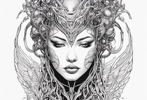Hajime Sorayama type blended with HR Giger alien woman with vines tattoo idea