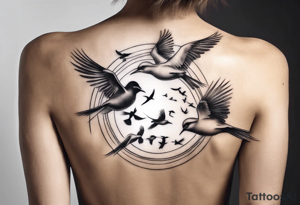 shoulder tattoo with light rays with birds flying free among the clouds, round shape, 3d effect tattoo idea