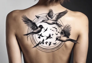 shoulder tattoo with light rays with birds flying free among the clouds, round shape, 3d effect tattoo idea