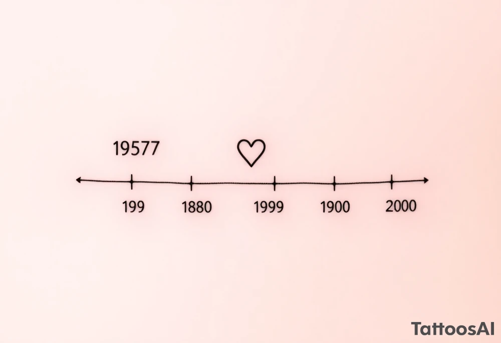 Alright, let's adapt this design to represent one parent and four kids in a timeline tattoo. Here's how we'll modify it:
Key Changes:
 * One Parent's Year: We'll use one year at the top, representing the parent.  We'll place a heart near it, just like in the example.
 * Four Children's Years: We'll include four birth years below, evenly spaced.
 * Initials (Optional): We can add the children's initials below their respective years for added personalization.
 * Spacing and Alignment: We'll ensure the spacing between the years is balanced and the alignment is clean.
Design Description:
 * Top Line: The parent's birth year (1957) will be at the top, centered.  A small heart will be placed either directly beside it or slightly above it.
 * Timeline Line: A faint, dotted line will extend horizontally from the parent's year, representing the timeline.
 * Children's Years: Four birth years (1980, 1989, 1998, 2000) will be placed below the dotted line, evenly spaced.
 * Initials (Optional): If desired, the children's initials (L, E, K, J) can be placed directly below their respective birth years.
 * Font: A simple, sans-serif font will be used for the numbers and initials, maintaining the clean and minimalist aesthetic.
 * Placement: The tattoo would work well on the forearm, running lengthwise, similar to the provided example.
Visualizing It:
Imagine it like this:
          1957 <3 
    .......................
    1980   1989   1998   2000
     L      E      K      J  (Optional)

How to Get This Tattoo:
 * Refine the Design: Decide on the exact placement of the heart, the font, and whether you want to include initials.
 * Consult a Tattoo Artist: Show the artist the reference image and explain the changes you want. They can help you finalize the design and ensure it will look great as a tattoo.
 * Consider Size and Placement: Discuss the size of the tattoo and the best placement on your body with the artist.
Let me know if you'd like any further adjustments or have any other questions! tattoo idea