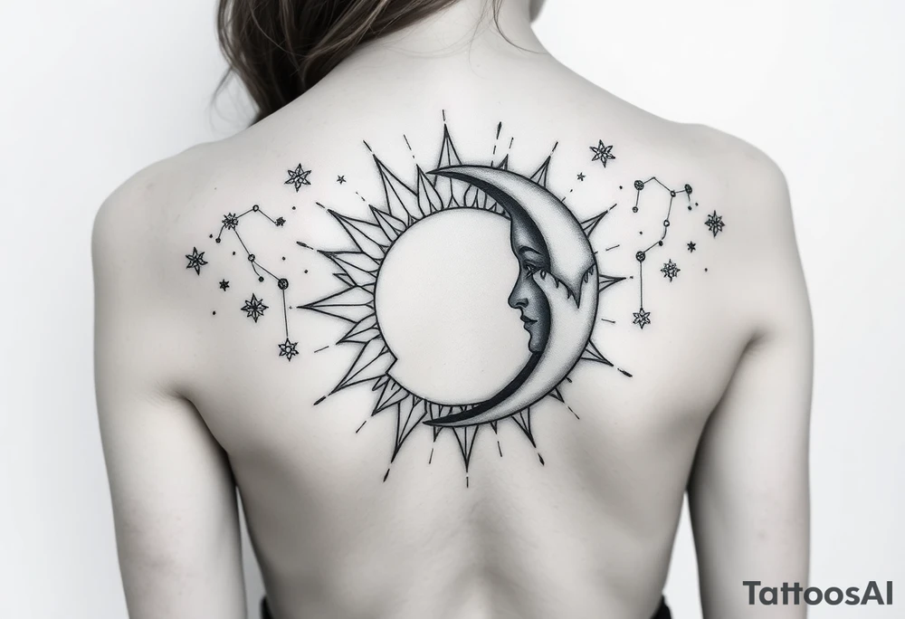 celestial sun and moon embrace with constellation patterns tattoo idea celestial sun and moon embrace with constellation patterns tattoo idea