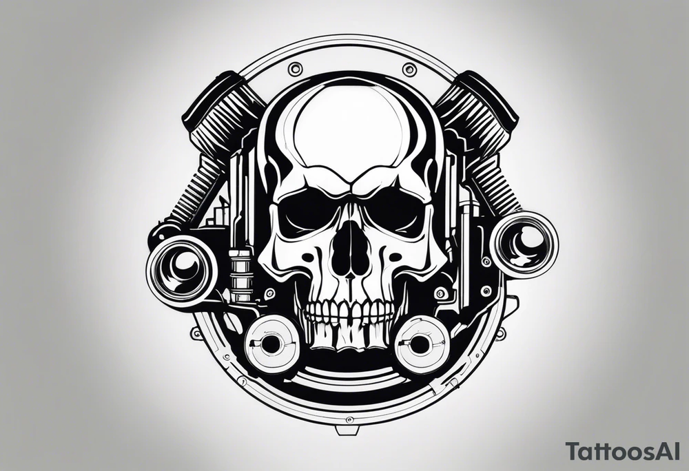 Powerful skull and engine, in this appears a piston and a turbo, also the dseign must be vertical. Also, the desing must be minimalistic not saturated. Remember the vertical design as this will go in my calf tattoo idea