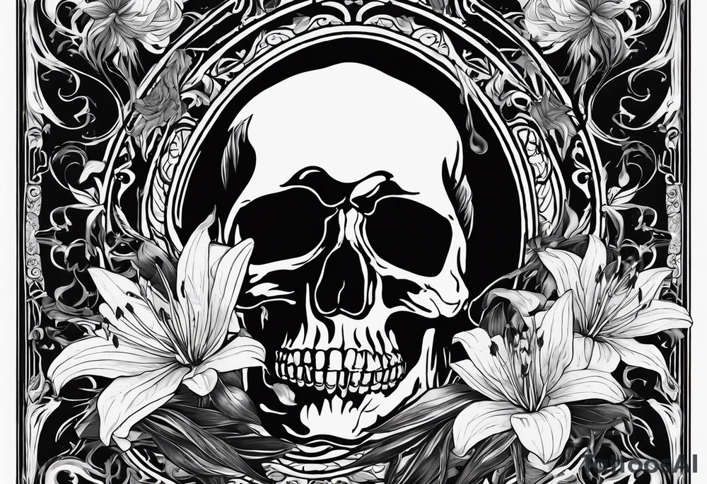 Tarot card 15cm x 10cm with Vincent Van Gogh's painting Skull with a Burning Cigarette. The boarders of the tarot card should be simple with spider lilies in each corner The smoke from the cigarette should go beyond the boarder. tattoo idea