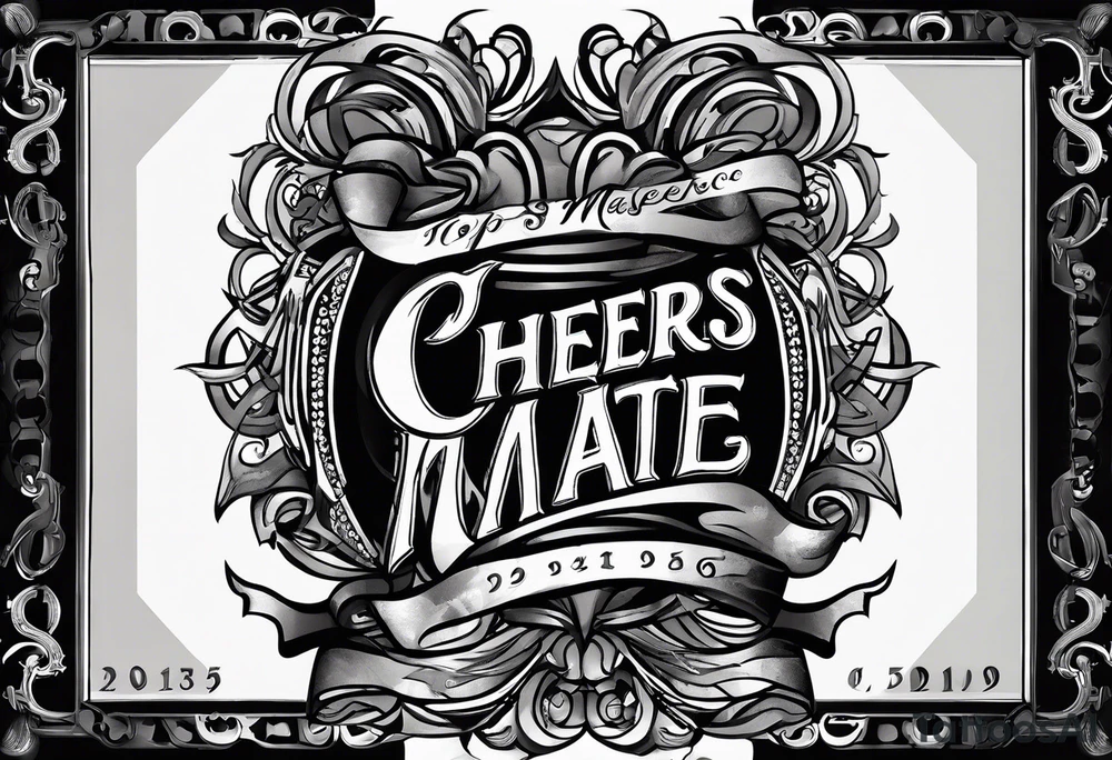 "Cheers Mate" text black and grey ink armband, intricate, artistic +abstract +grey Cancer Ribbon tattoo idea