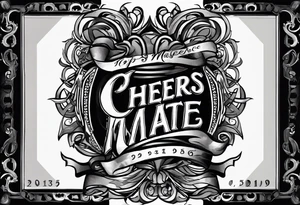 "Cheers Mate" text black and grey ink armband, intricate, artistic +abstract +grey Cancer Ribbon tattoo idea