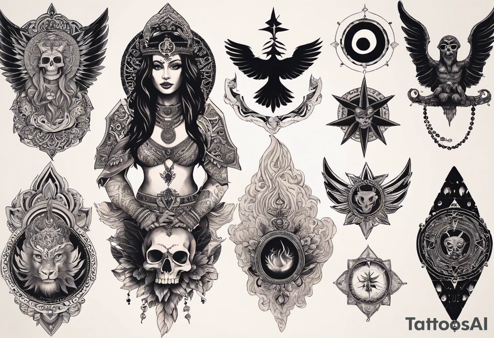 black kali, goddess pirate, alien, angel, pachamama, valkrye, warrior, flying, skull, lotus azul, wing, eagle, zenza resonance, stars, 5D, anahata chakra, death, durga, riding on a tiger, flying lady, kundalini, chest tatoo tattoo idea