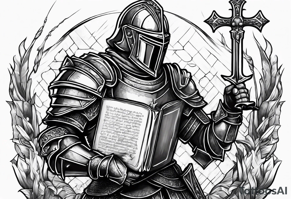 knight holding a bible over his head in combat with both hands tattoo idea