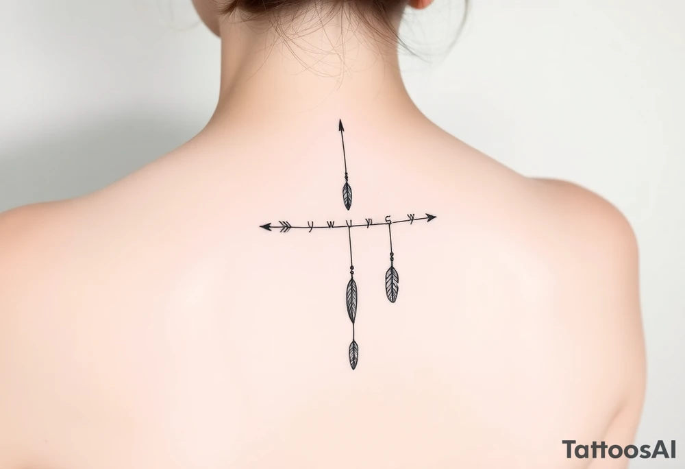 Thin vertical chain of symbols in a native ornament style following down the spine in a  with 3 vertical different lengths flowing lines made of a discreet connection of morse code ".--- .- --.     .-.. ... -.- .- .-.   -.. .. --.     .-.. .. .-.. .-.. . -... .-. --- .-. forming 3 arrow shapes connected to 3 flowing feathers hanging from the end of the morse code lines tattoo idea
