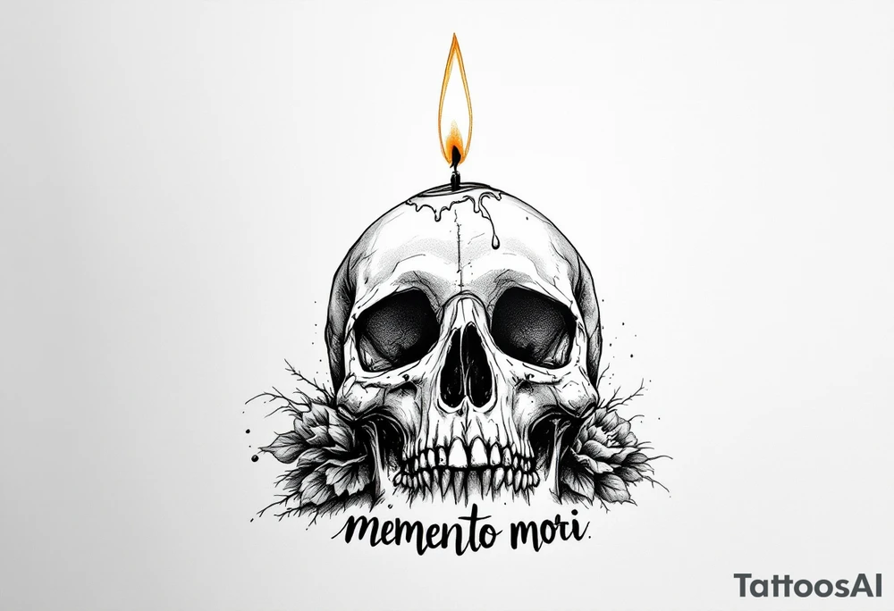A candle slowly melting on a skull in black and white, the flame in soft orange and yellow with "memento mori" underneath. tattoo idea