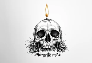 A candle slowly melting on a skull in black and white, the flame in soft orange and yellow with "memento mori" underneath. tattoo idea