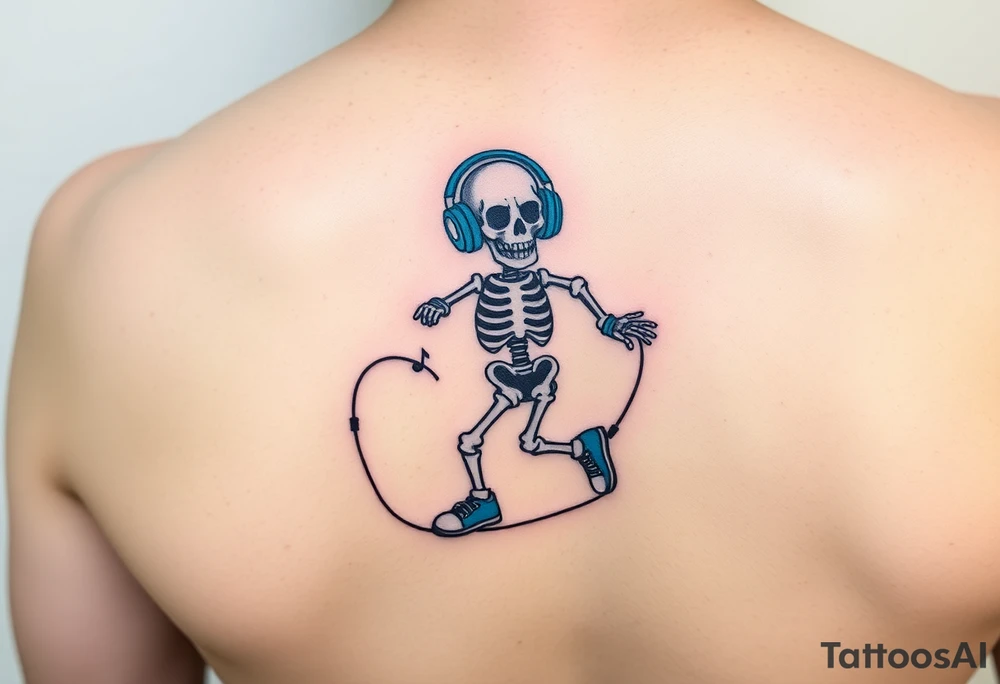 Minimalist funny looking dwarf skeleton skipping on a jumping rope with blue headphone blue tennis shoes blue arm bands and music notes colorful tattoo idea