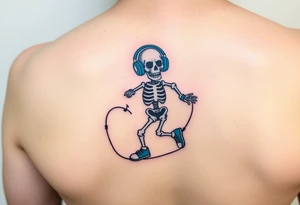 Minimalist funny looking dwarf skeleton skipping on a jumping rope with blue headphone blue tennis shoes blue arm bands and music notes colorful tattoo idea