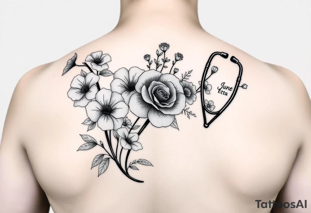 6 inches tall by 4 inches wide approximately, black and white tattoo with a bouquet of hollyhocks, one wild rose, and wild flowers, include a stethoscope along the side with the CNA symbol and the name June Etta , make the stethoscope more noticeable and make the tattoo taller than it is wide tattoo idea