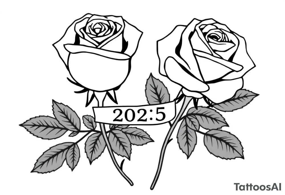 two beautiful large rose buds, one larger than the other, with many leaves next to the rose buds, with one sitting higher than the other. Include a banner connecting the two roses with the year "2025" on it.   Use dark outlines with little shading. The two stems should be short, not long, and connect and join into one stem, whimsically curved or twisted - not straight down. tattoo idea