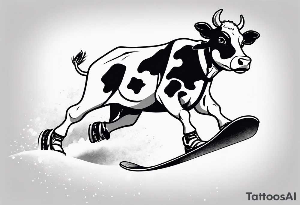 Create a minimalist and dynamic black and white tattoo design featuring a cheerful cow engaged in a snowboarding activity, wearing goggles. Emphasize clean lines and essential details to capture the playful spirit of the scene. The cow should be depicted confidently snowboarding down a snowy slope, with a sense of balance and joy, and wearing stylish goggles. Pay attention to the composition, ensuring that the tattoo design is suitable for a small to medium-sized space. The goal is to convey a lighthearted and whimsical vibe with the addition of the goggles, making the design visually appealing and suitable for tattooing. tattoo idea