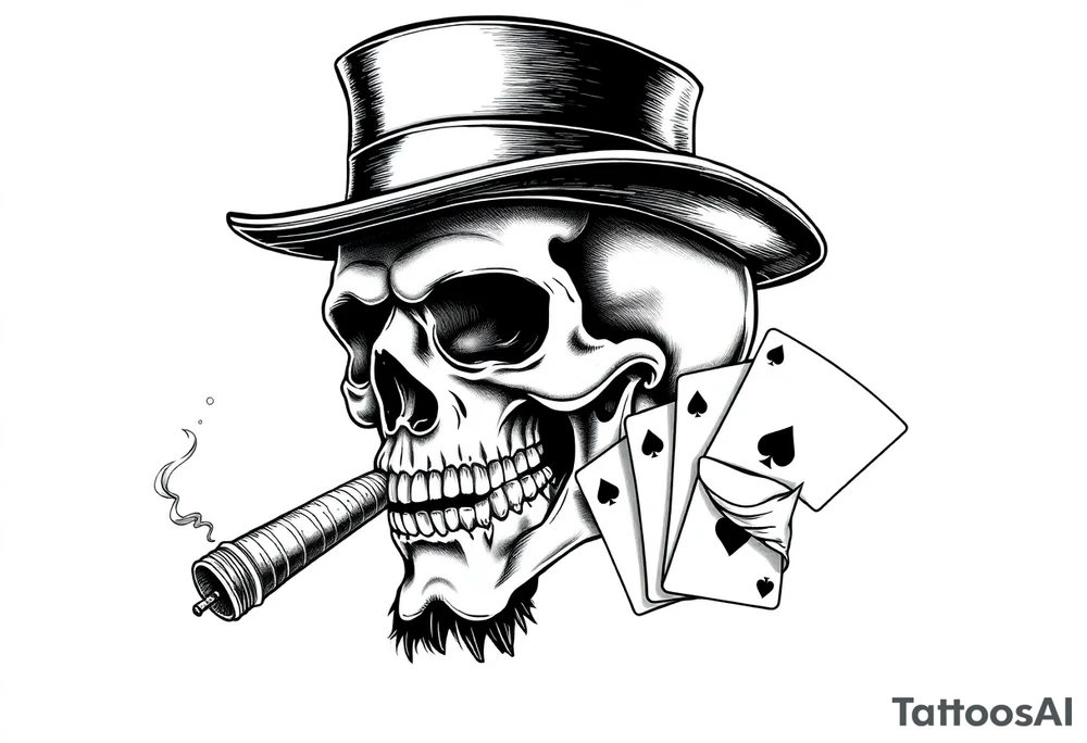 a skull with mustache, a big cigar in his mouth,top-hat on his head and playing cards in a hand. tattoo idea
