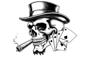a skull with mustache, a big cigar in his mouth,top-hat on his head and playing cards in a hand. tattoo idea