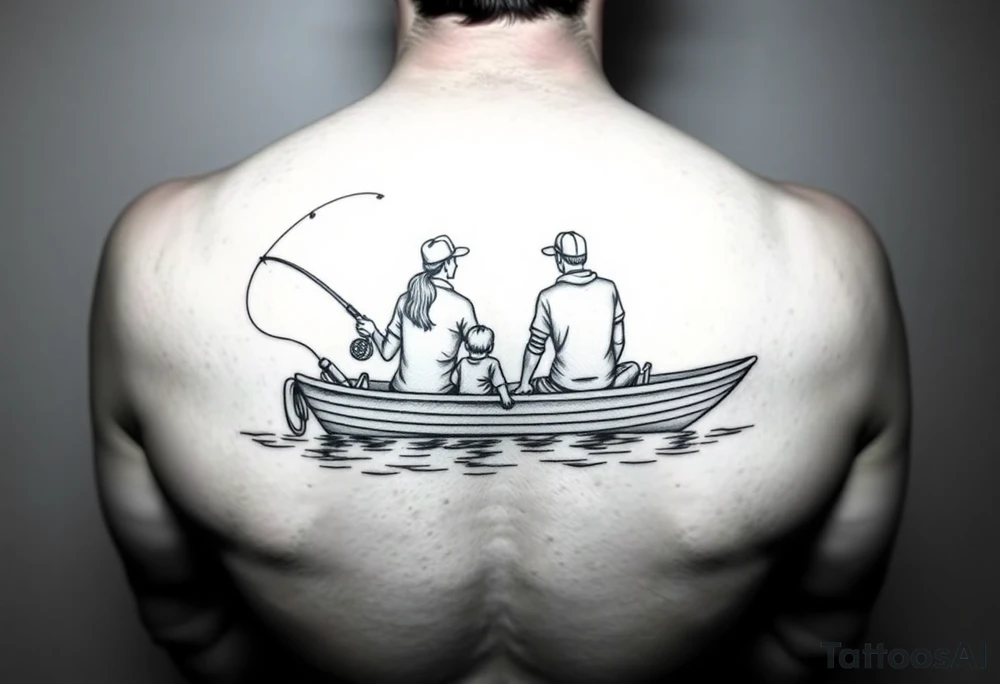 Dad fishing with 
1girl and 2 sons
With lake boat tattoo idea