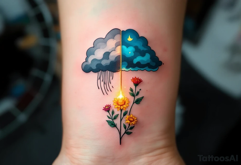 A storm cloud on one side and a field of blooming flowers on the other, connected by a glowing thread, symbolizing the consequences of past choices. tattoo idea