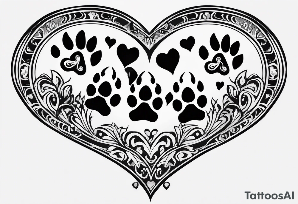 four dog paws with dark background connecting them, individual and disconnected tribal heart far above all four paws and no dark background tattoo idea