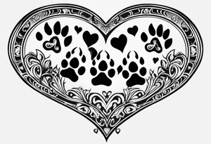 four dog paws with dark background connecting them, individual and disconnected tribal heart far above all four paws and no dark background tattoo idea