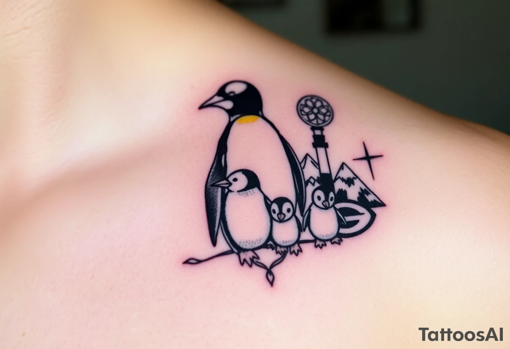 compilation outlining important things in my life such as one adult emperor penguin and 3 baby penguins, celtic trinity knot, lighthouse, mountains/nature, the green bay packers, and something to represent my 3 boys tattoo idea