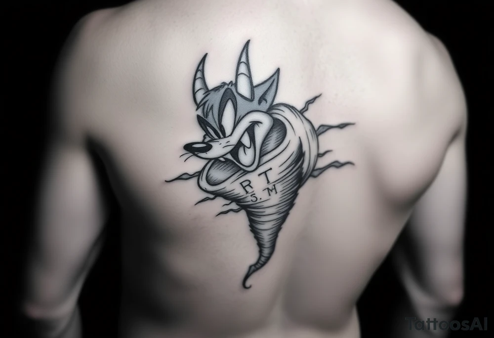 Give me the cartoon tazmanian devil from looney toons with half his body a tornado and initials BD, TD, LJ, MA,HE in the tornado on an upper arm tattoo idea
