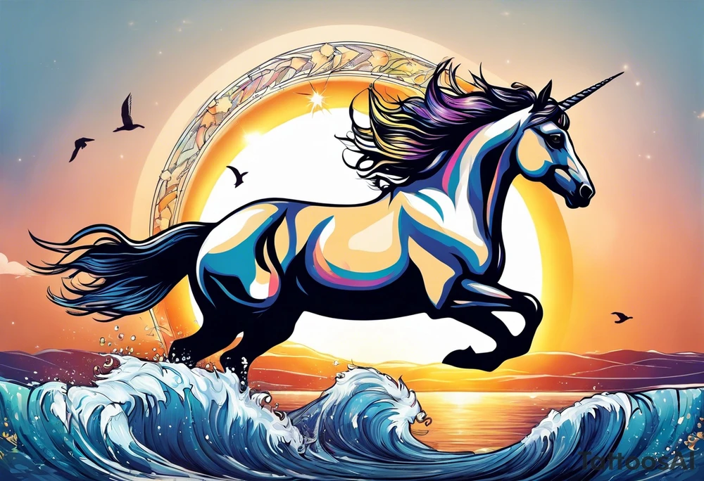 Unicorn jumping over a penguin with the sun tattoo idea