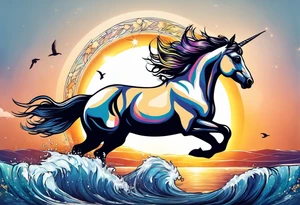 Unicorn jumping over a penguin with the sun tattoo idea